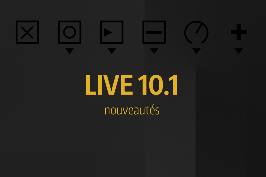 Logo et texte "LIVE 10.1 nouveautés" accompagnés d'icônes de contrôle audio sur fond sombre.